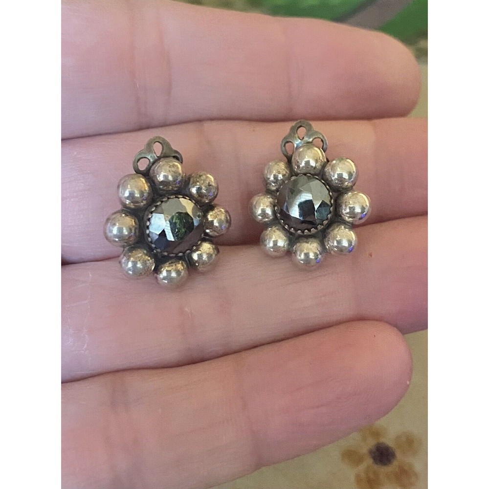 Vintage Sterling Silver Hematite Puffy Floral Clip On Earrings
